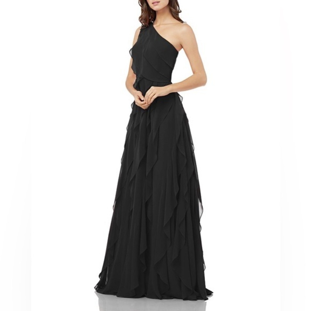 CARMEN MARC VALVO ONE-SHOULDER Cascading Flouncy Dress in Black
